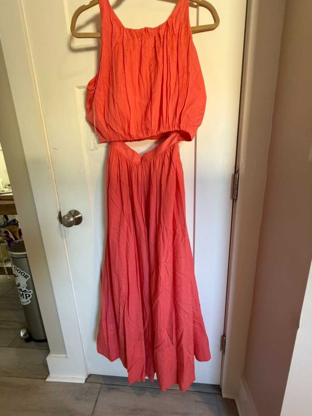 Two Piece Coral Color Crop Tank Top And High-Waisted Elastic Flowing Maxi Skirt
